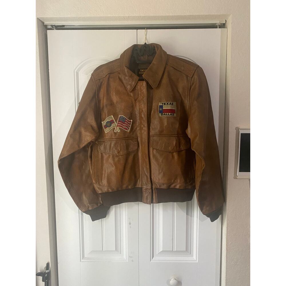 Fingerhut Vintage Military Patch Brown Leather Jacket